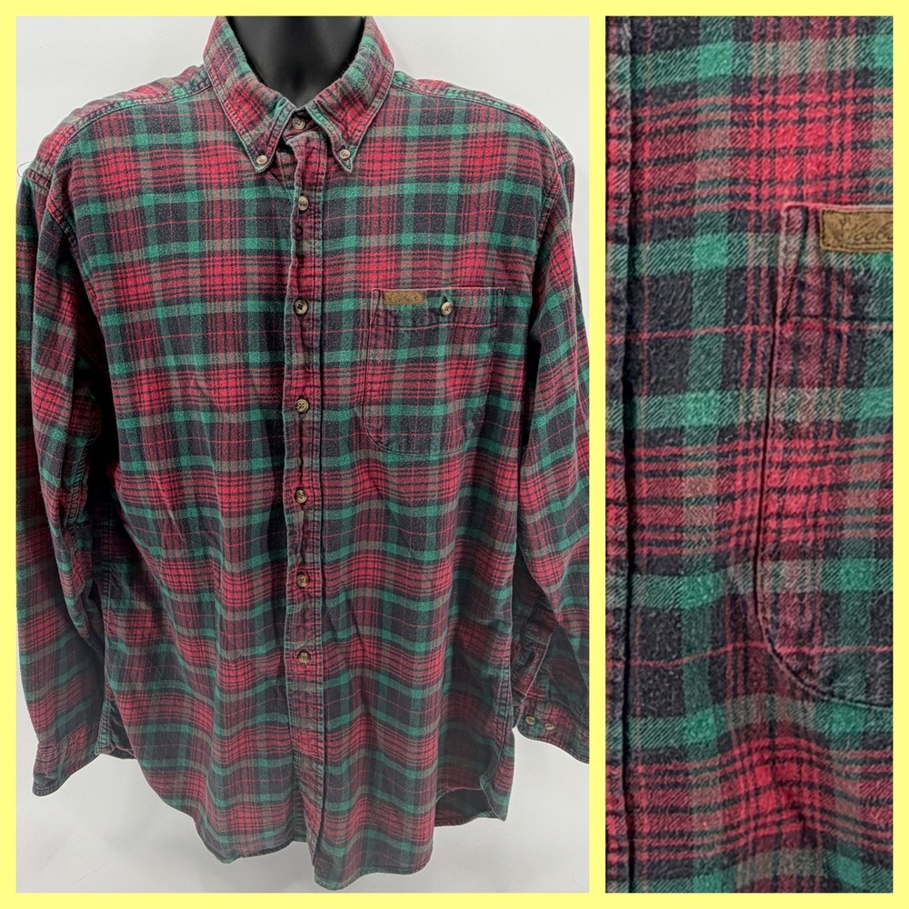 Vintage 90's Woolrich Mens Large Red &‎ Green Plaid Flannel Shirt